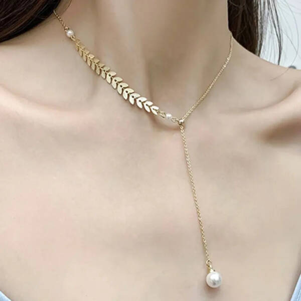 Gold Y Necklace with Pearl